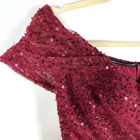 Teri Jon Burgundy Gown Sequin Beaded Tulle Off the Shoulder Dress Sz 2‎ Women's - Picture 4 of 9